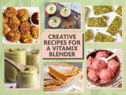 Collage of six vegan recipes with the title "Creative Recipes for a Vitamix Blender" in the center: golden-brown fritters with dipping sauce, three ramekins of creamy soup with carrot sticks, green seed bars, a jar of pistachio cream with a wooden spoon, a slice of pumpkin pie dusted with powdered sugar, and a bowl of pink berry ice cream.